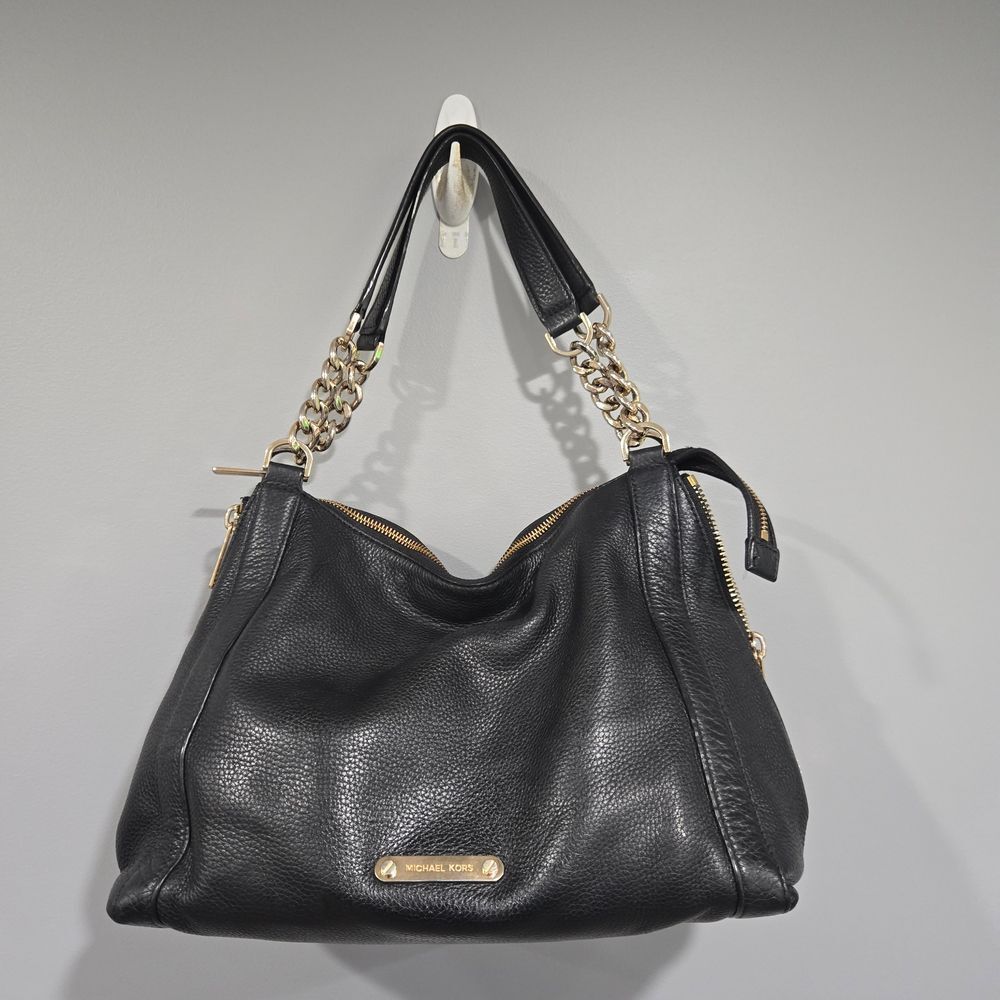 Michael Kors Black Leather Shoulder Bag With Gold Metal Accents